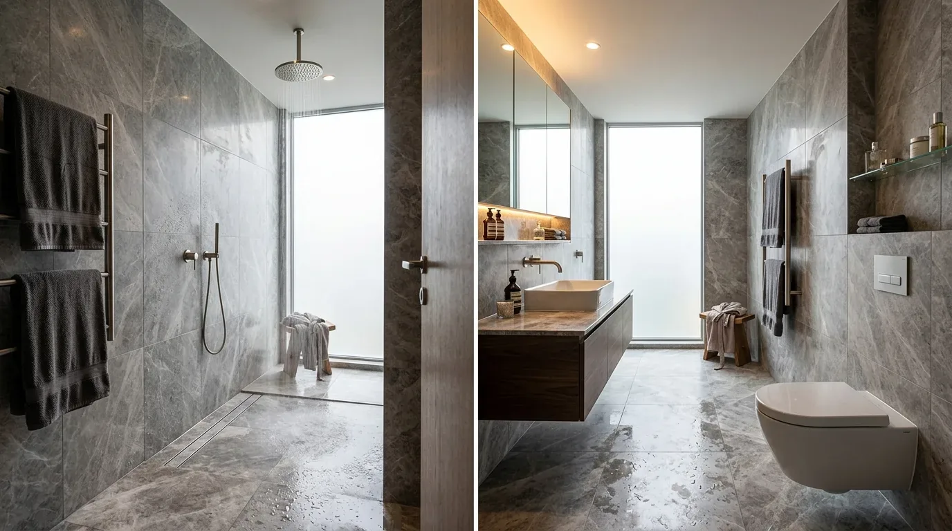 A modern bathroom with gray marble tiles, a walk-in shower with a rain showerhead, a floating vanity with a rectangular sink, and a wall-mounted toilet