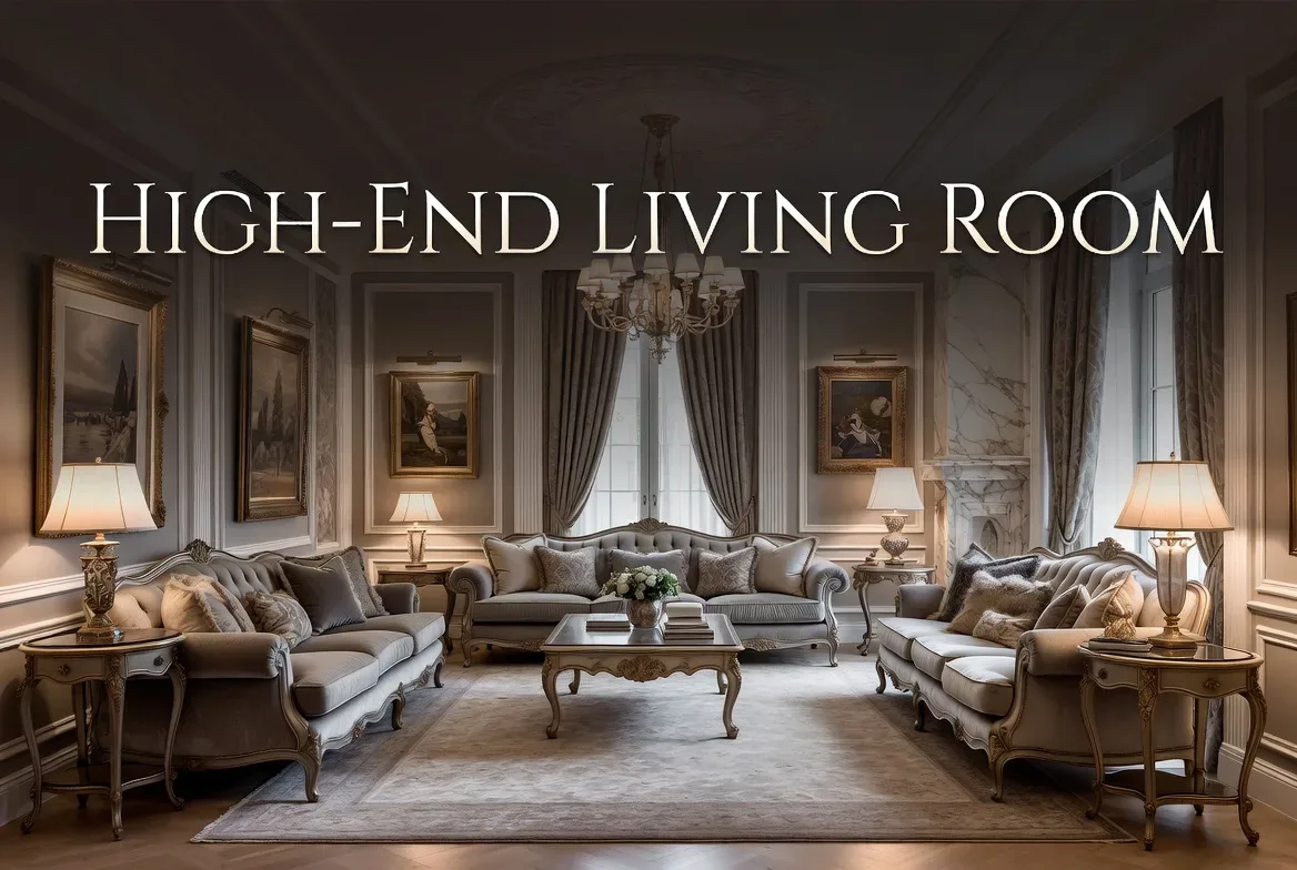A luxurious living room with classic furniture, ornate details, and elegant lighting
