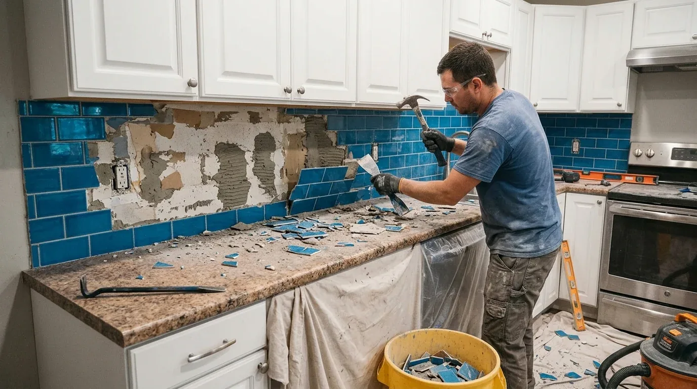 A man is removing blue subway tiles from a kitchen backsplash during a renovation