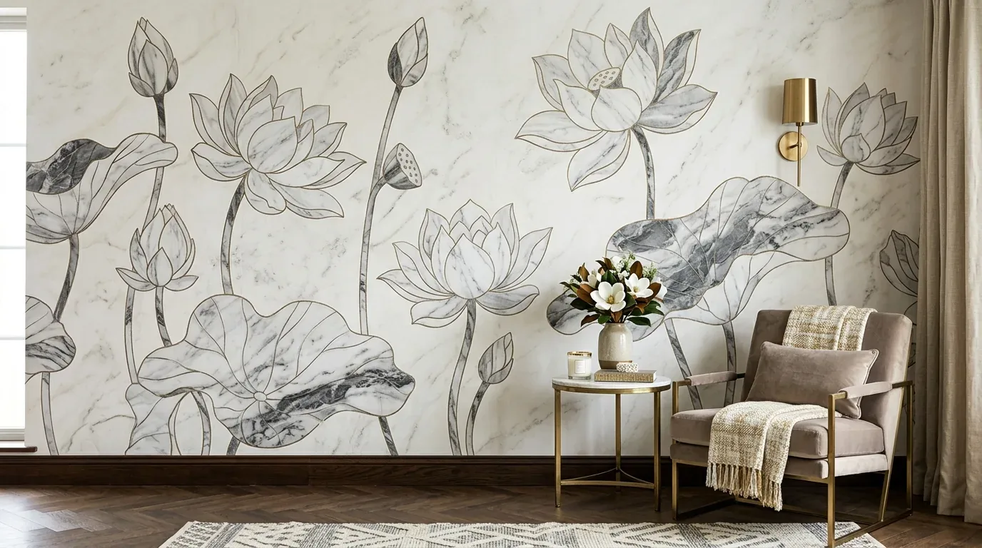 A cozy living room corner with a floral mural wall, a beige armchair with a throw, a small round side table with a vase and candle, and a gold wall sconce