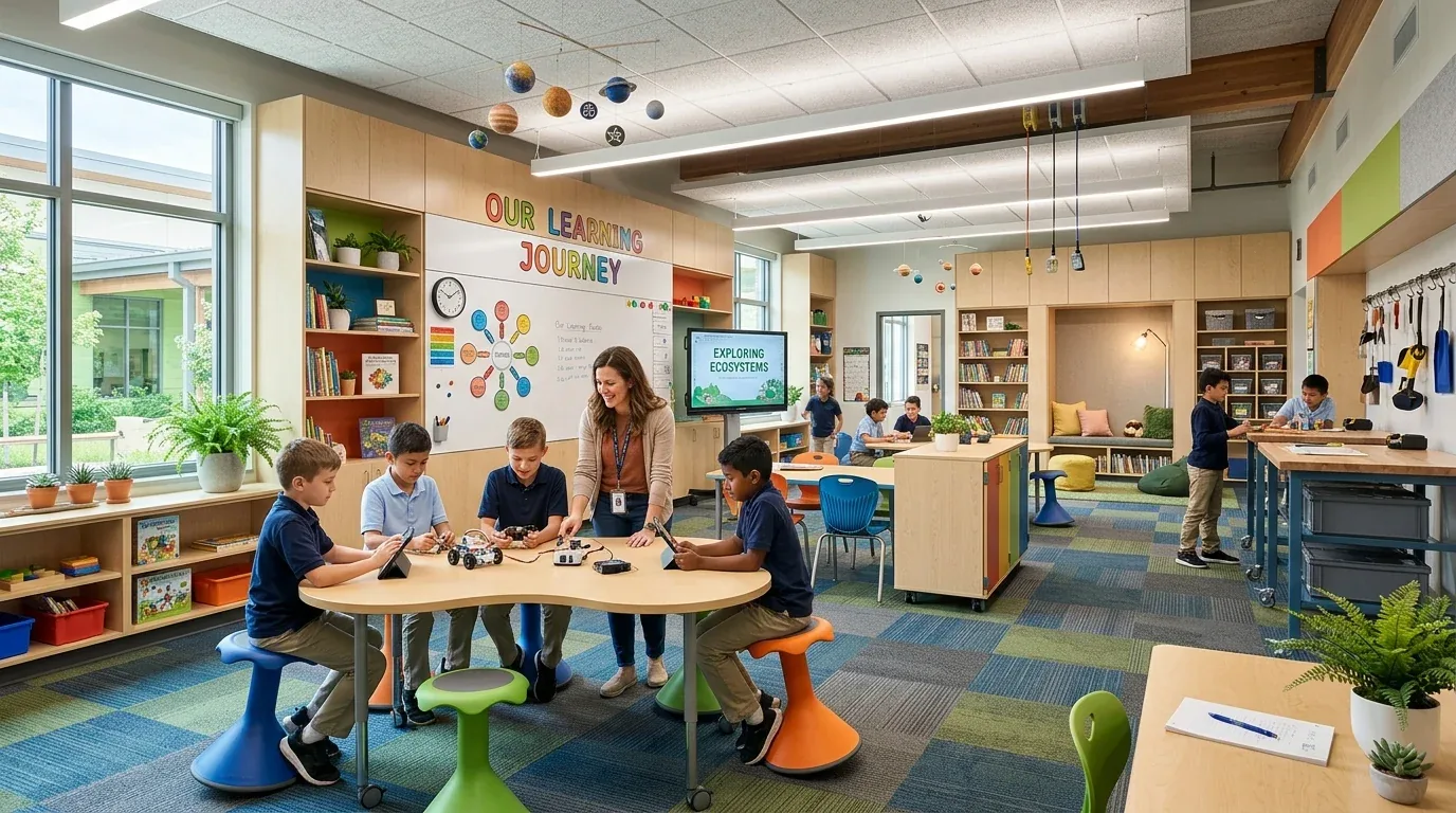 A modern, colorful classroom with children and a teacher engaged in hands-on learning activities around tables and shelves filled with books and educational materials