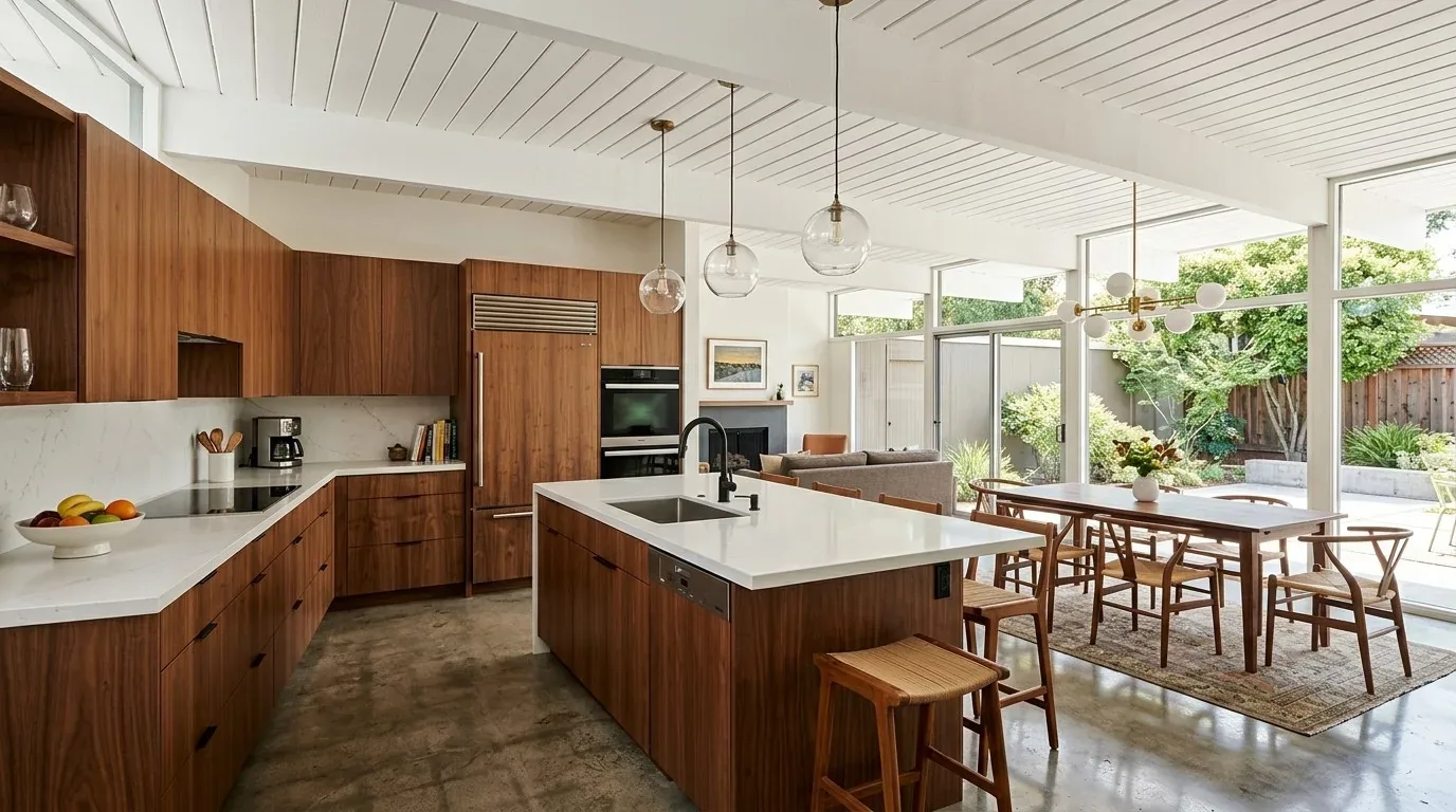 A modern open-concept kitchen and dining area with wood cabinetry, white countertops, and large windows overlooking a garden
