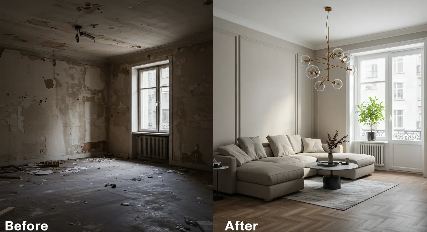 A split image showing a living room before renovation with damaged walls and floor on the left, and after renovation with modern furniture and decor on the
