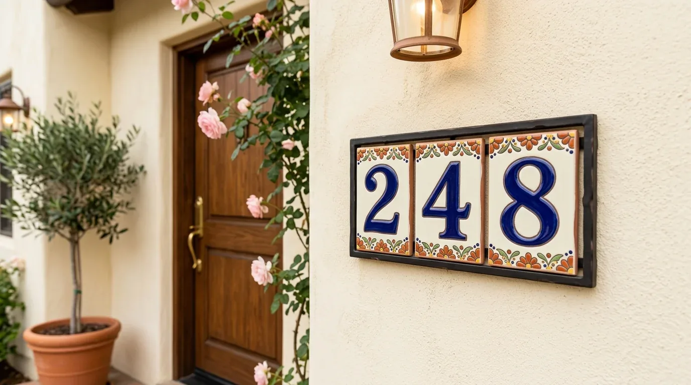 A close-up of a house entrance showing a wooden door, a potted plant, pink flowers, a wall-mounted light fixture, and a decorative tile house number plaque reading 248