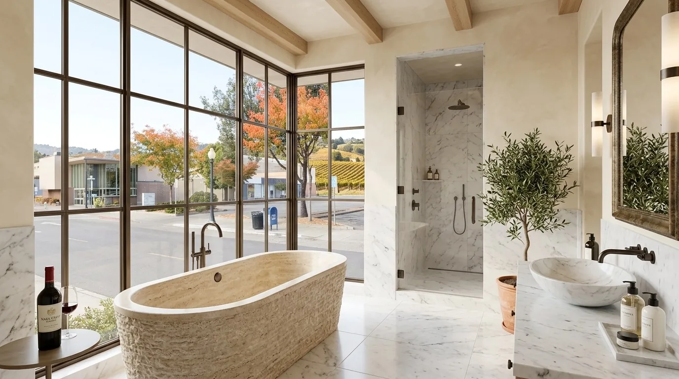 A luxurious bathroom with a stone bathtub, marble floors and walls, a walk-in shower, and large windows overlooking a street and vineyard